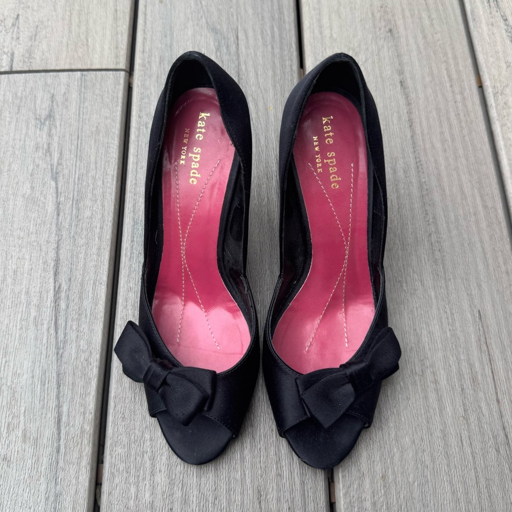 Kate Spade NY Black Satin Peep Toe Pumps with Bows size 6.5
